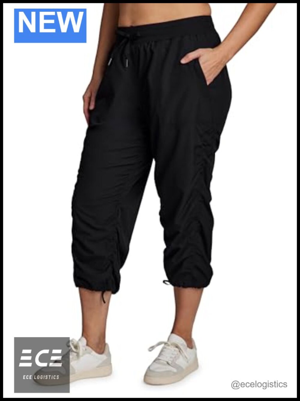 Womens Plus Size Woven Capri Pants Drawstring Elastic Waist Casual Active